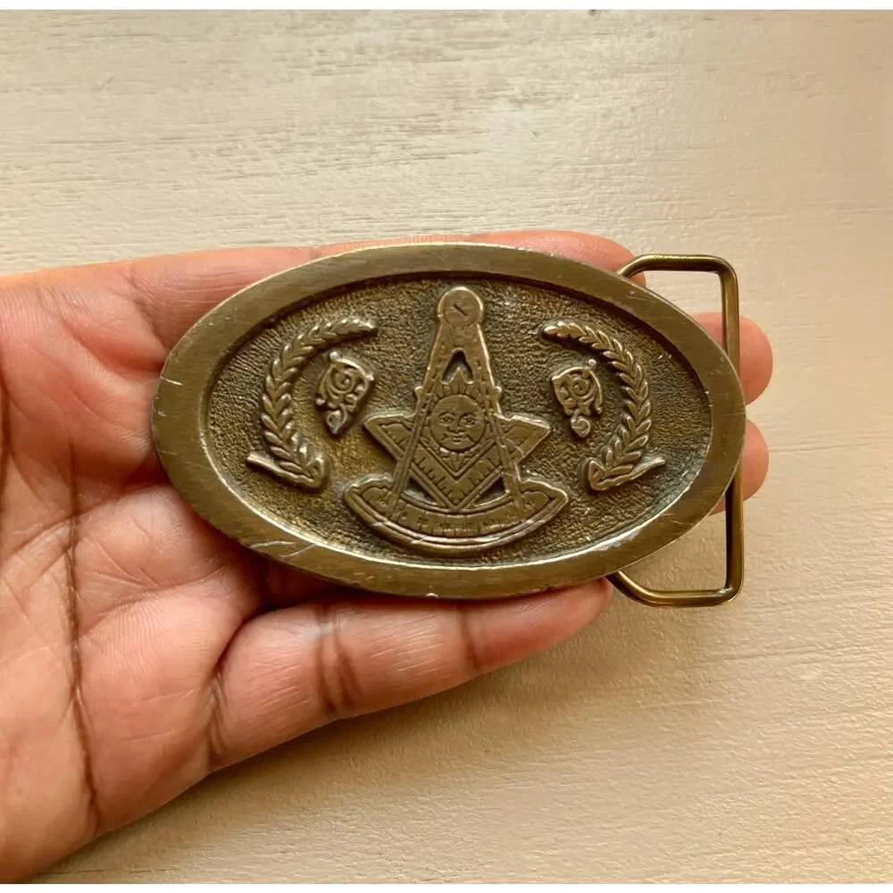 Vintage Brass Belt Buckle Masonic Past Master 47th Problem Of Euclid Freemason